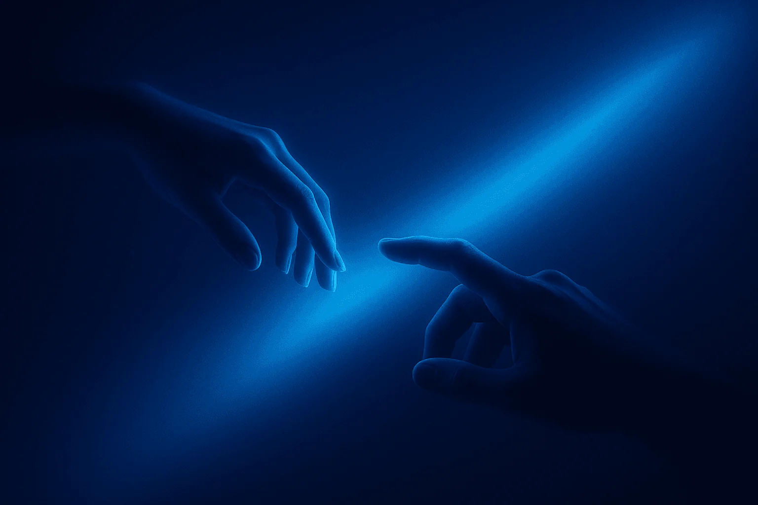 Two hands reaching out toward each other, illuminated by a beam of blue light. A sense of connection and touch.