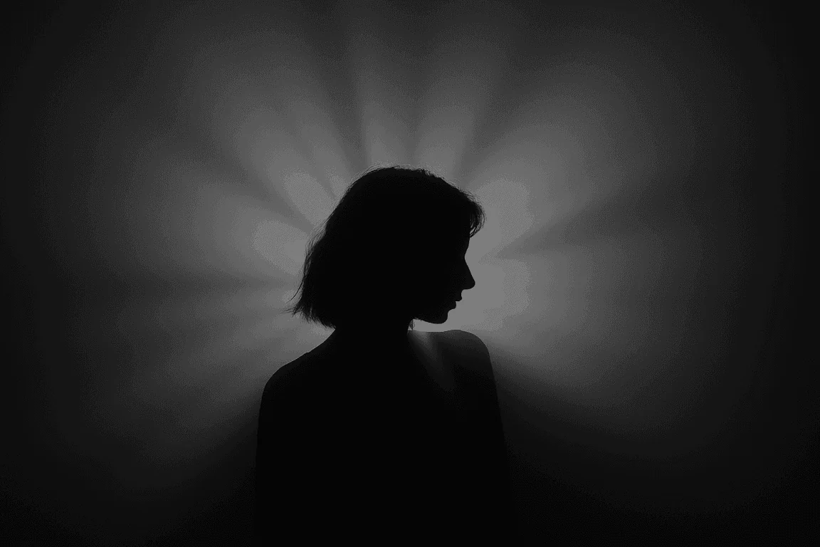 Silhouette of a woman with short hair, against a backdrop of radiant blue light, evoking mystery and introspection.
