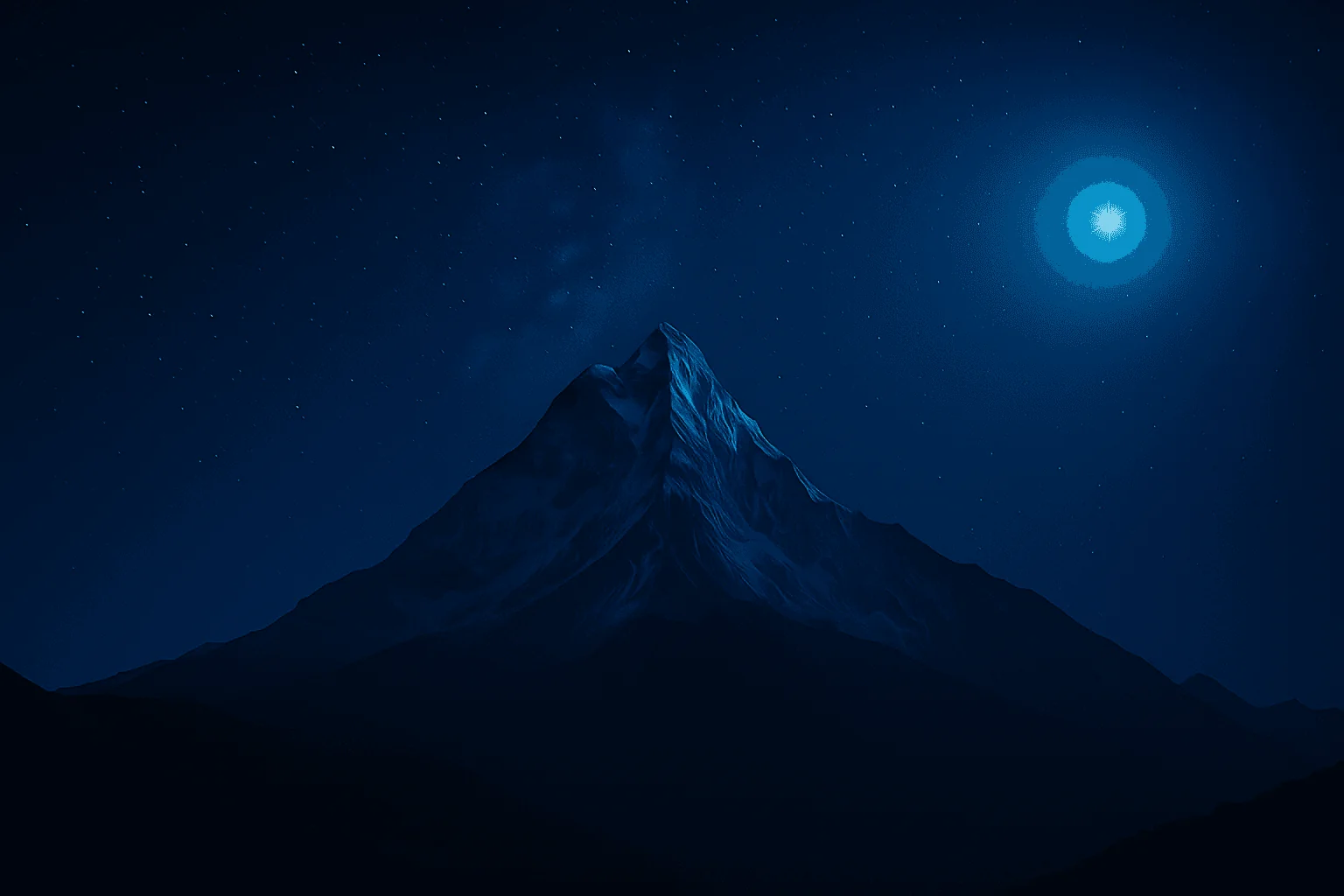 Silhouette of a mountain peak under a bright, glowing moon in a dark blue night sky.