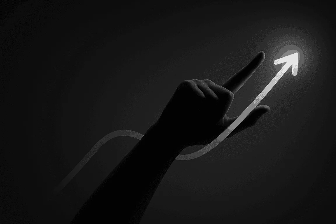 Hand pointing to a glowing blue upward arrow, symbolizing growth, progress, and success.